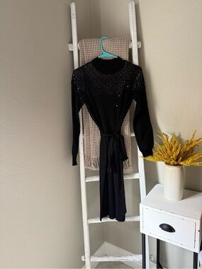 NWOT Black Long-Sleeve Knit Dress with Waist Tie